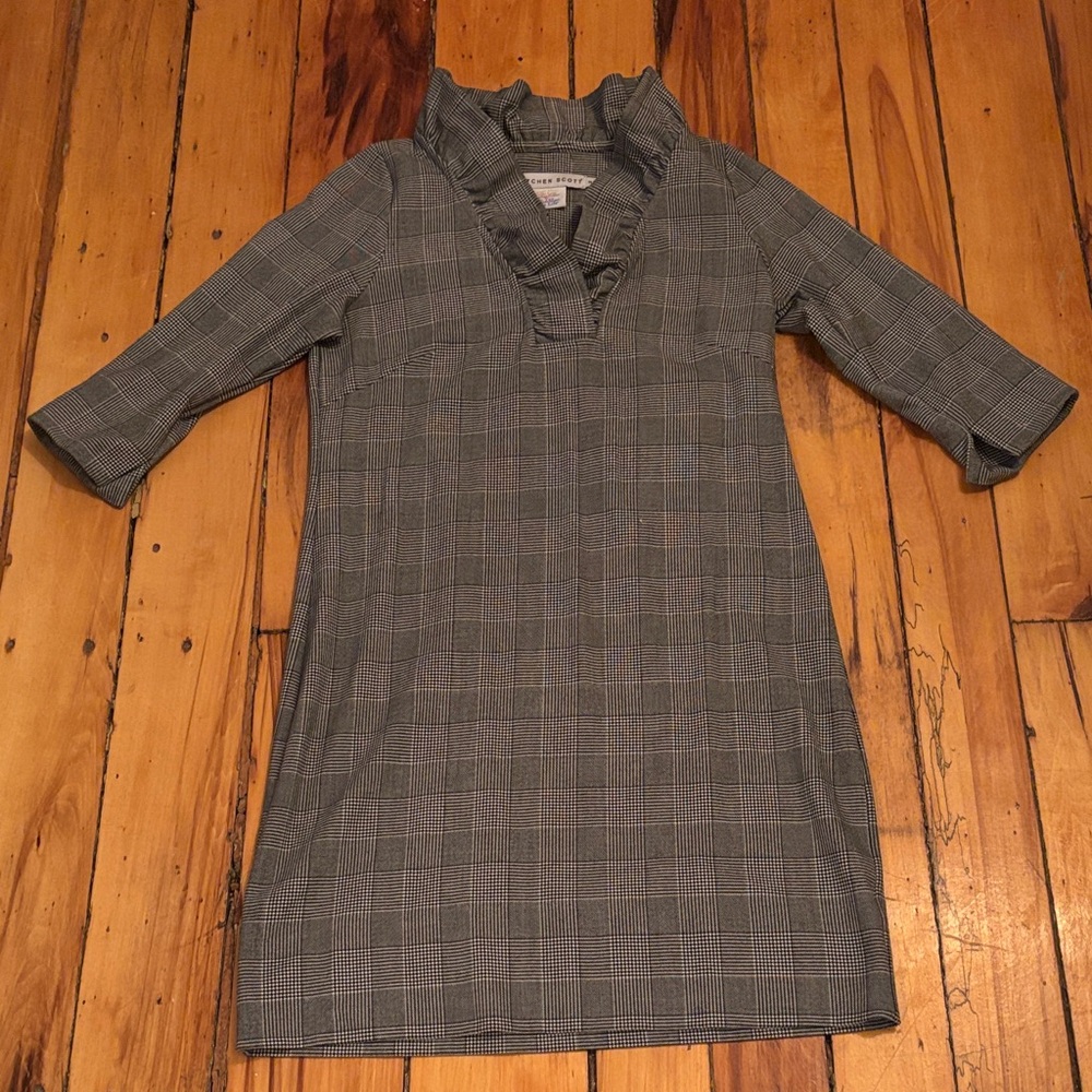 Gretchen Scott Grey Plaid Ruffle Neck Dress